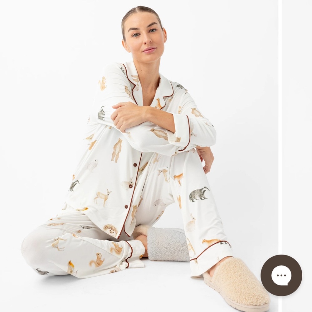 Cozy Earth women’s bamboo stretch knit pajama pant- woodland creatures ivory